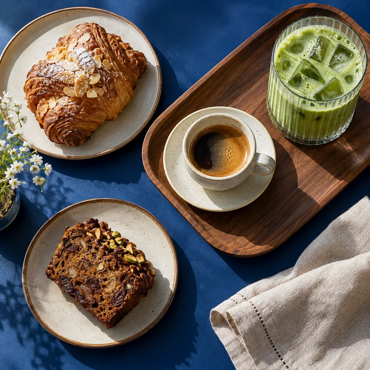 Espresso, matcha and freshly baked pastries on a blue table