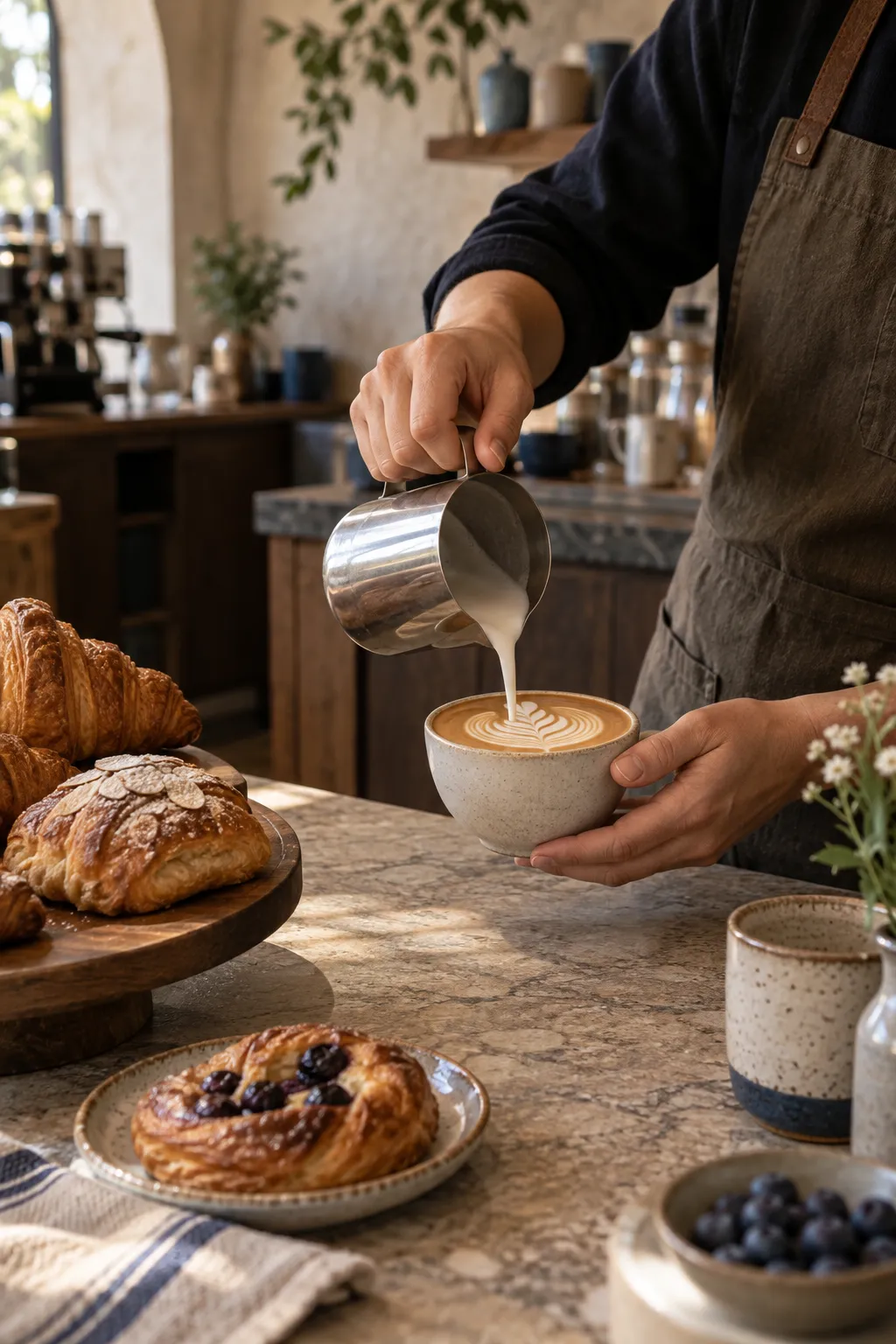 Barista pouring latte art beside fresh pastries